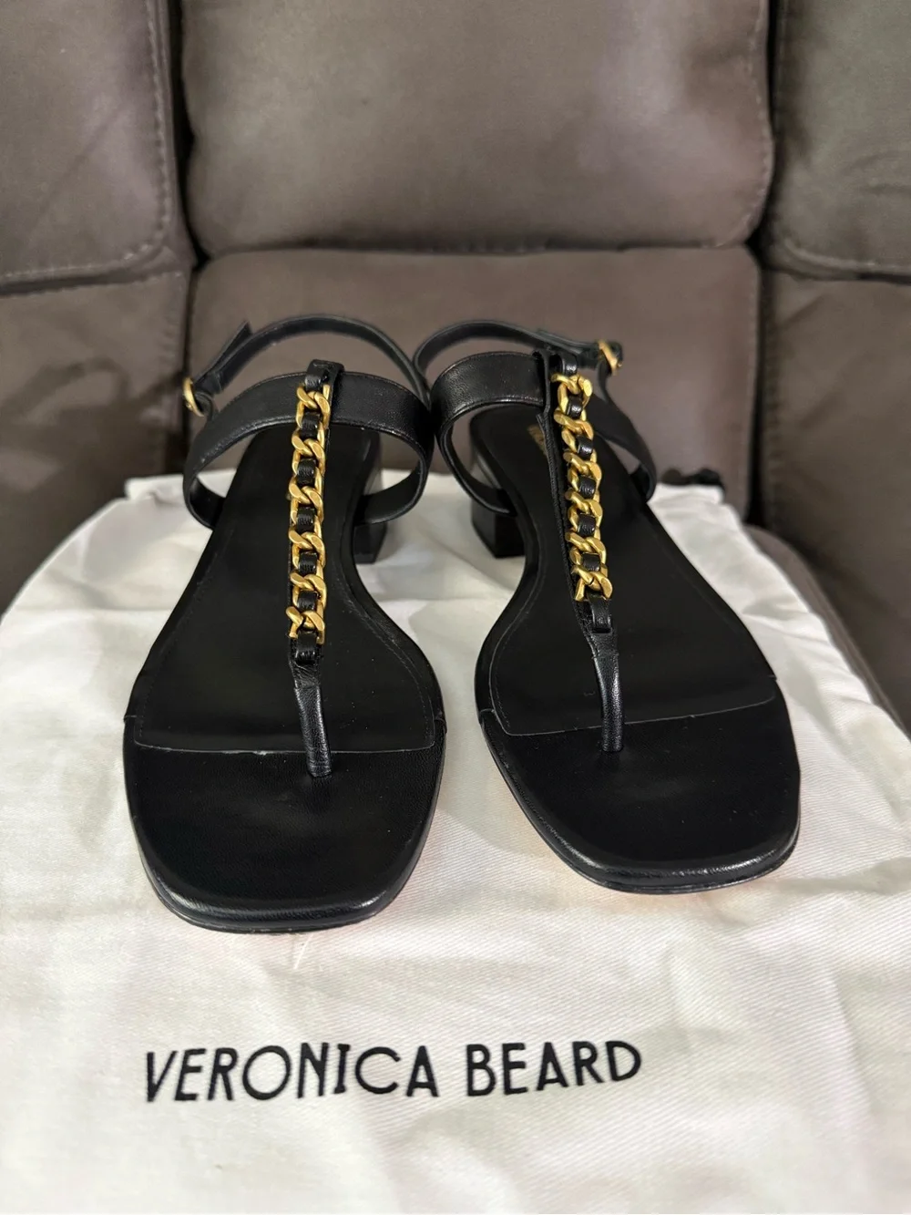 Veronica Beard Black Leather T-Strap Sandals with Gold Chain - Picture 2 of 7